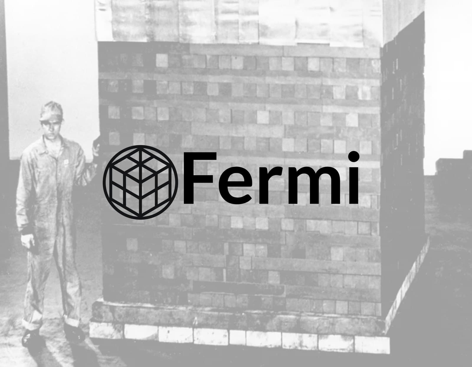 Chicago Pile-1 under the stands at Stagg Field: a worker beside the hand-stacked graphite and uranium blocks, overlaid with the Fermi logo