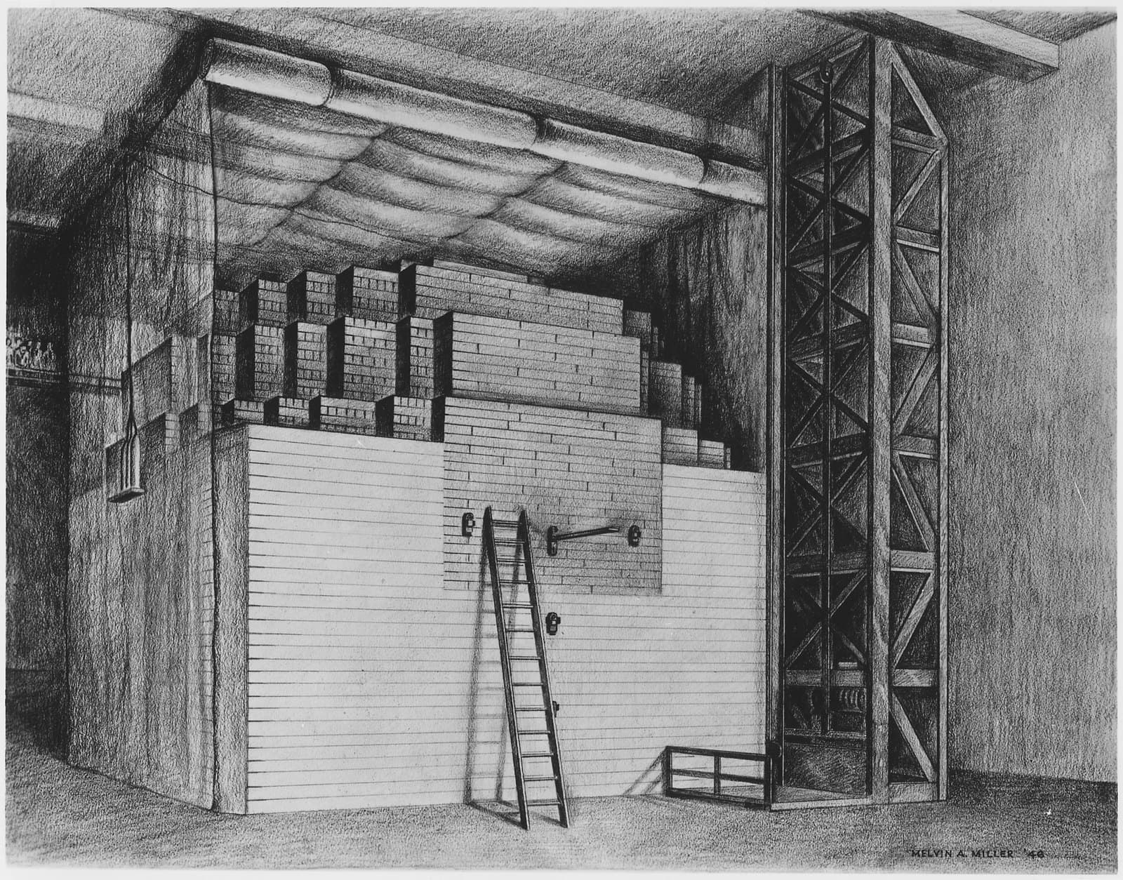 Melvin A. Miller's drawing of Chicago Pile-1, the world's first nuclear reactor, built from hand-stacked blocks of uranium and graphite